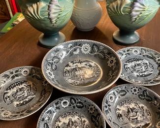 Roseville vases, black transferware