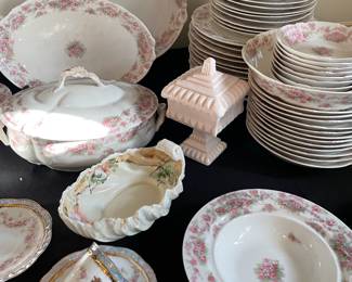 Limoges china, pink milk glass candy