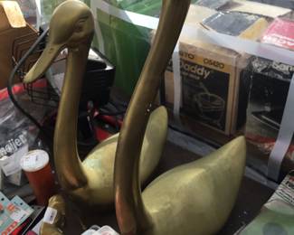Pair of heavy brass swans