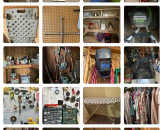 clothes, tools, ironing board, storage containers, fan