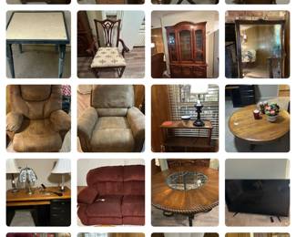 furniture, mirrors, clocks, lamps, coffee tables, kitchen tables, china hutch