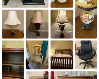 lamps, chairs, desks, king size bed and mattress