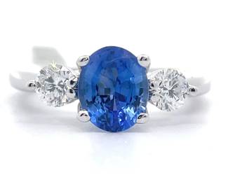 2.98 Carat Sri Lankan Blue Sapphire & Natural Diamond Three-Stone Ring in 14k White Gold