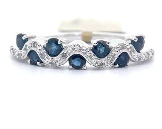 Natural Diamond & Blue Sapphire Pavé Curve Ring in 14k White Gold