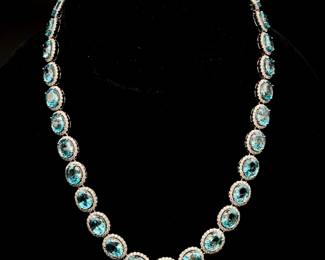 NEW! 101.10 Carat Blue Zircon & Natural Diamond Halo Tennis Necklace in 14k White Gold