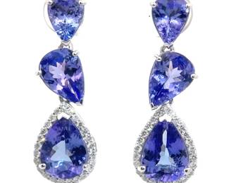 10.27 Carat Pear Tanzanite Three-Stone Diamond Drop Earrings in 14k White Gold