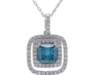 1.35 Carat Fancy Blue Diamond & White Diamond Halo Pendant Necklace in 14k White Gold