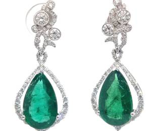 NEW! 6.22 Carat Emerald & Natural Diamond Dangle Earrings in 18K White Gold