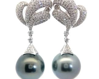 NEW! 2.29 Carat Natural Diamond & South Sea Pearl Drop Earrings in 14k White Gold