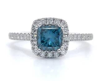 1.42 Carat Fancy Blue Diamond & White Diamond Halo Ring in 14k White Gold