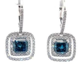 2.72 Carat Fancy Blue & White Diamond Double Halo Dangle Earrings in 14k White Gold