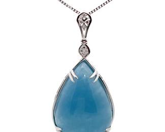 LARGE! 73.17 Carat Aquamarine & Natural Diamond Drop Pendant Necklace in 14k White Gold