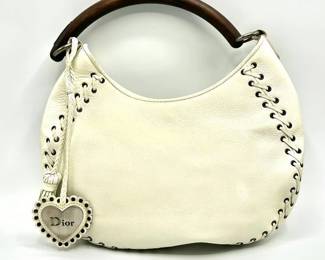 Christian Dior Ivory Leather Heart Wood Handle Bag - Authentic