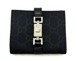 GUCCI Black Jackie GG Canvas x Leather Compact Wallet - Authentic