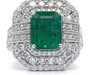 NEW! Designer Oscar Friedman 5.14 Carat Emerald & Natural Diamond Ring in Platinum