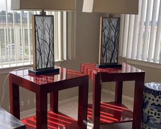 Red lacquer side tables 2ft H x 18” W accent lamps. 