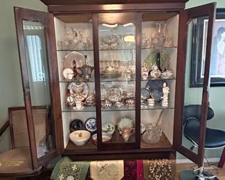 Early 19th Century Hutch beautiful fabric lined 6.6”H x50” L x1.7” deep
Crystal & silver entertaining pieces, china, table runner's. 