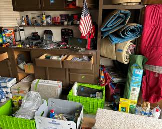 Microwave, tools & various hardware and tile supply, camping gear, sleeping bags, sleeping mats, air mattress, lanterns, outdoor camping kitchen set up.