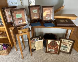 Assortment of coins 
Small accent and console table 
3ft L x 2.5 H x 13” W