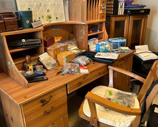 Desk, chair, matching glass cabinets, and bookshelves, desk organizers and office supplies, printer, file cabinet, 

Jewelry making supplies and jewelry organizing storage pieces. Jewelry display boxes and stands. 

Jewelry and craft books, and needlepoint supplies.  