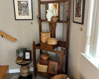 Entryway piece, basket assortment, vintage artwork, 

