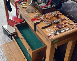 Necklaces, jewelry boxes. Console table. 