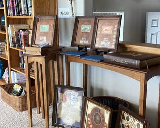 Framed coin collection. 
Console and plant stand tables.