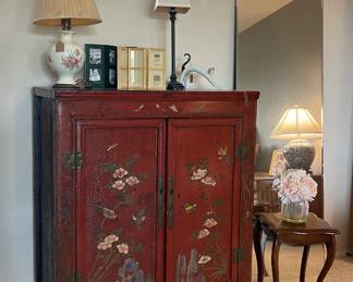 Red cabinet, 3ft 8in H x 2.11” L x 4 ft.7in W. Accent lamps, 