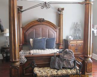 King Bed frame.  Needs repair work on supports.  Night Stand, settee.