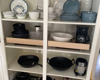 Kitchen dishware, cookware, Cast iron Skillet and Wok.  Keruig Pink travel coffee maker, can opener.  