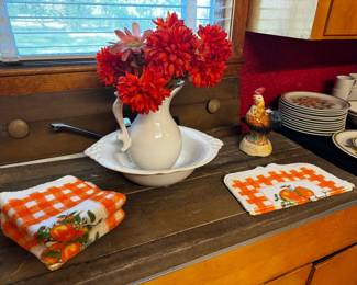 Water Pitcher & bowl.  Colorful cup towels.  Musical Rooster soap dispenser 