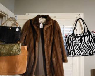 Mink coat and ladies handbags