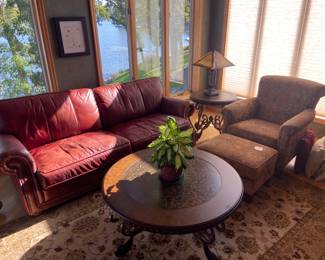 Leather couch, coffee table and end table