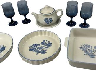  Goblets & Country Style Blue Tan Baking Pans 