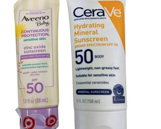 CeraVe Hydrating Mineral Sunscreen SPF 50 & AVEENO Baby Continuous Protection Sensitive Skin Zinc Ox