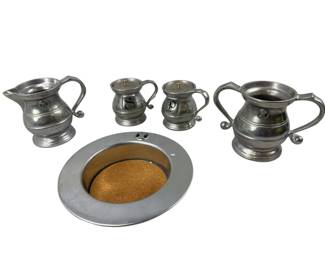 Wilton Liberty Bell Hallmarked Sugar Creamer Salt Pepper Wine Bottle Tray Rest Armetale Pewter