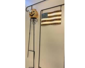 Pumpkin Jack O Lantern on Spike + US Flag 