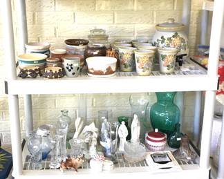 Louisville Pottery Drink Dispenser with 8 glasses pictured on second shelf