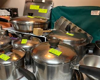 Many Revere Ware pots and pans, very nice.