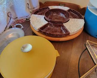 Mid Century Modern Lazy Susan Burgundy & White With Wood Spinning Base