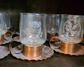 Vintage Copper Saucer With Glass Tea Cups