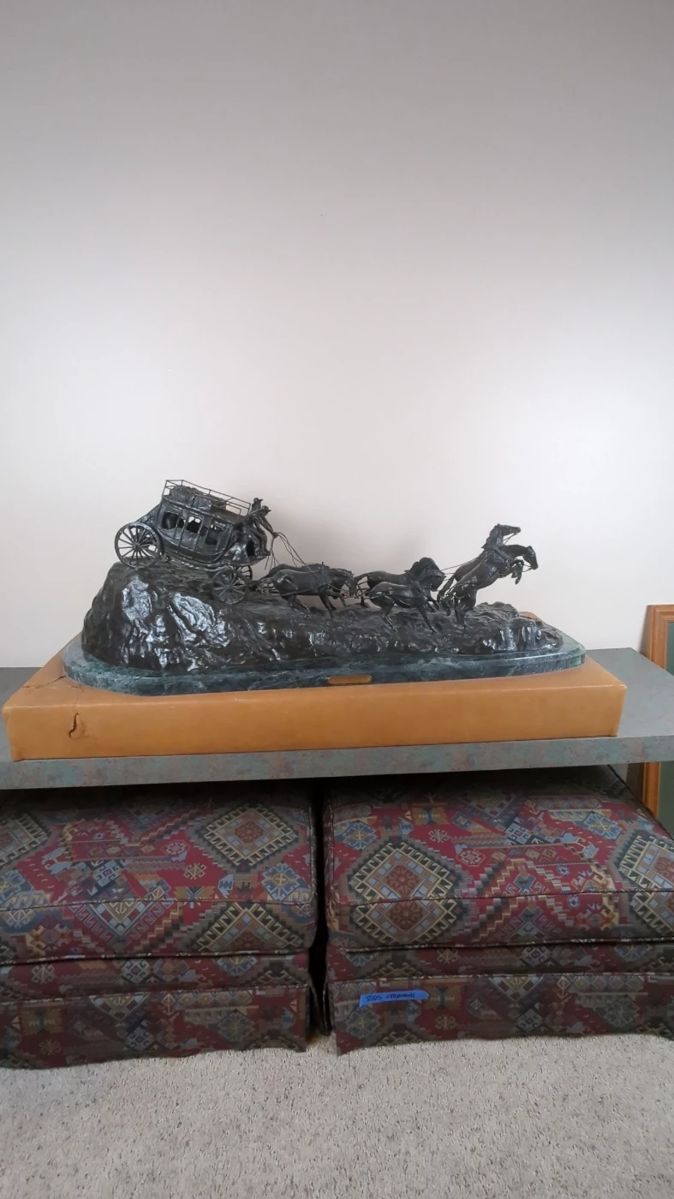 C.M. Russell Bronze Stagecoach with Leather Wrapped Base