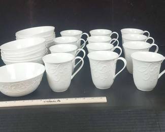 LENOX Opal Innocence Carved 12 Soup Bowls, 12 Large Mugs
