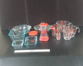 Pyrex Collection. Measuring Cups, Bowls, Newer Pyrex And Nut Chopper