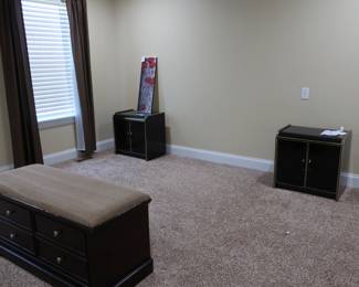 two  black  laminate  night  stands,  cedar  chest