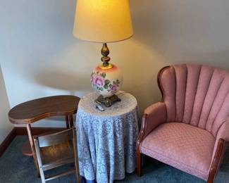 Brass Globe Lamp, Mauve High Back Chair, Kidney Shape Table With Childs Chair 