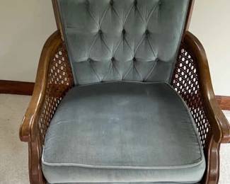 Mid Century Blue Upholstered Cane Panel Armchair