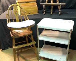 Vintage High Chair, Bread Box, Stool, Shelf Cart