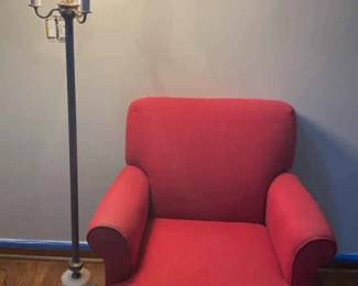 Vintage Brass Marble Floor Lamp, Large Red Upholstered Chair 