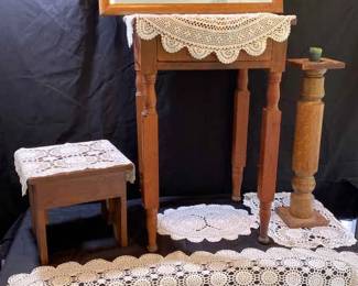 All In Wood Step Stool, Candle Stand, Small Side Table And Wood Framed Mirror